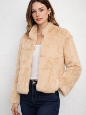 Private Beach Rabbit Fur Jacket M Beige Cropped Y2K Glam Soft Girl Luxe Chic